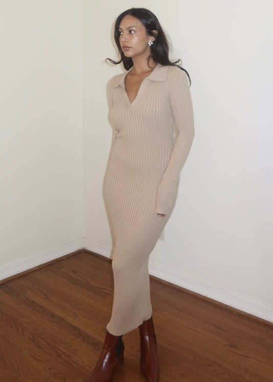 Trinity Rib Knitted Sweater Dress - LATTE