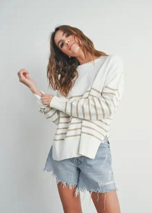 Dean Drop Shoulder Striped Sweater - IVORY/TAUPE