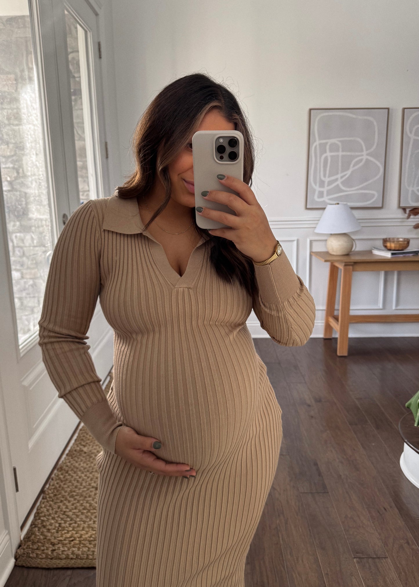 Trinity Rib Knitted Sweater Dress - LATTE