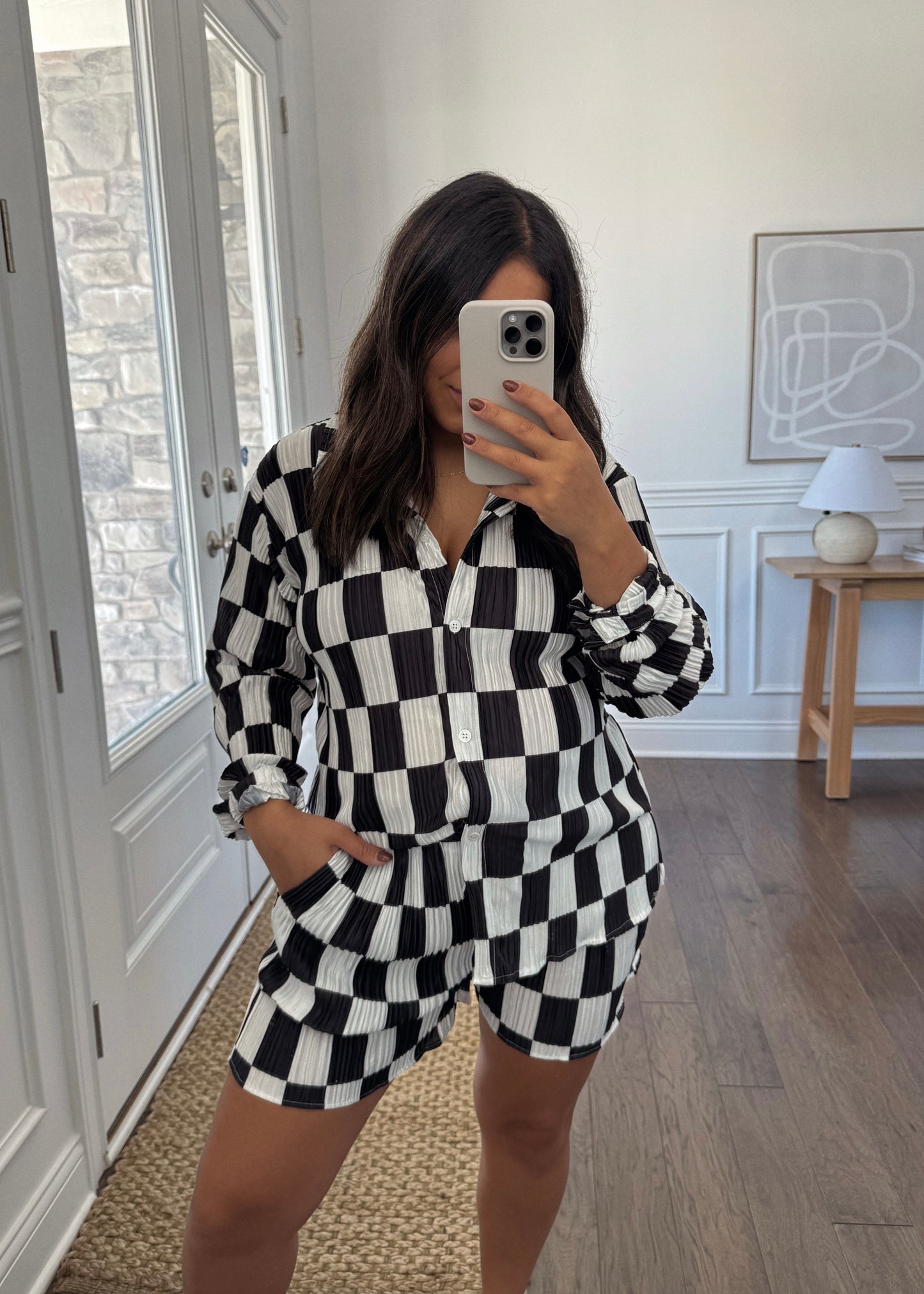 Charli Checkered Plissé Set - BLACK/WHITE