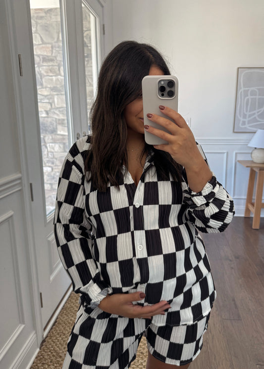 Charli Checkered Plissé Set - BLACK/WHITE