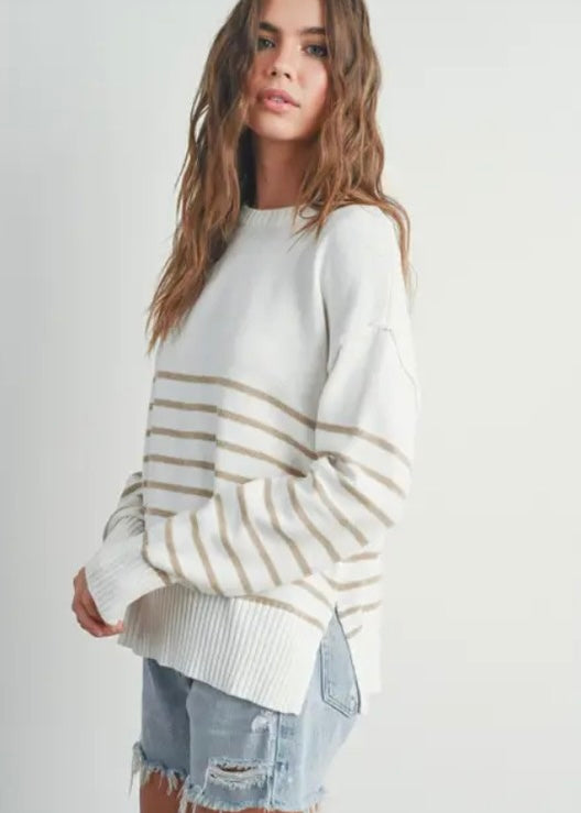 Dean Drop Shoulder Striped Sweater - IVORY/TAUPE