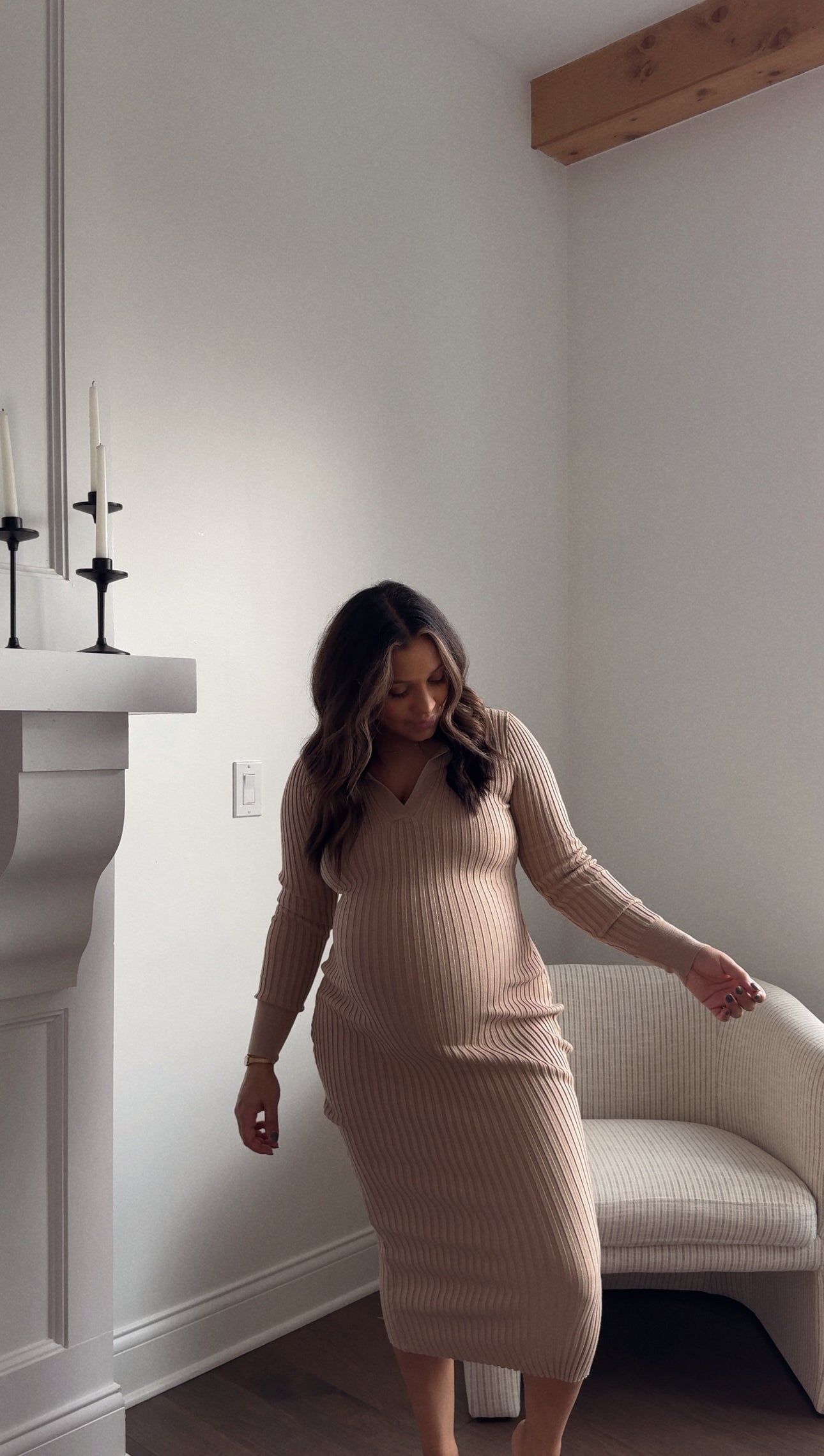 Trinity Rib Knitted Sweater Dress - LATTE